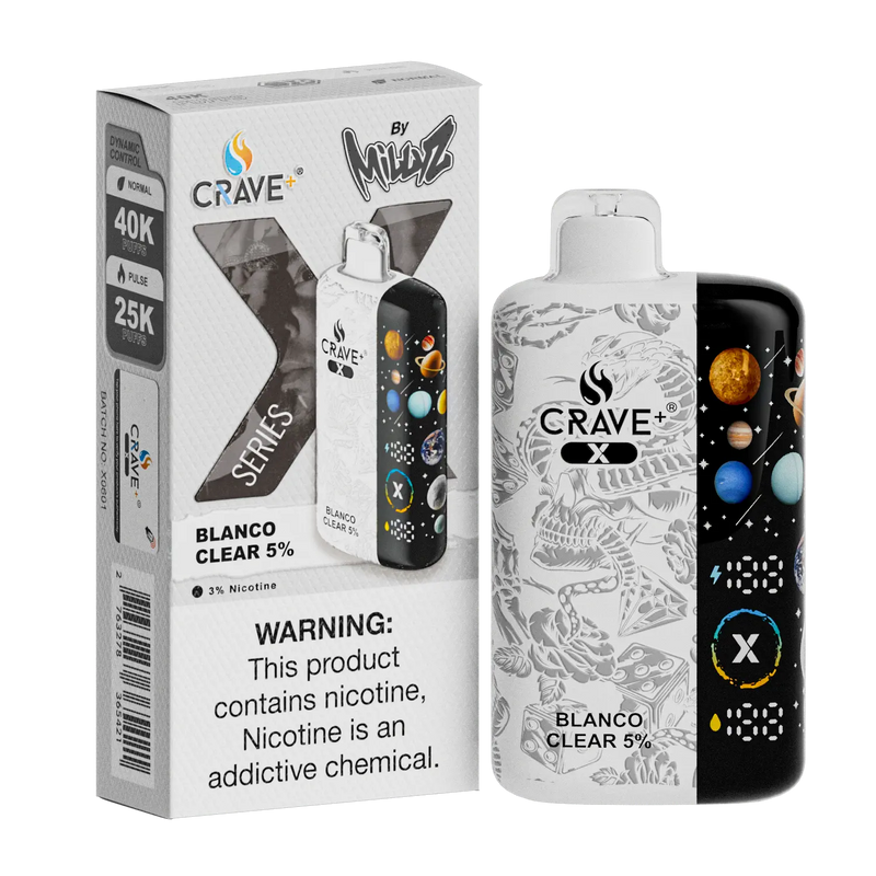 Crave X – Ultra Slim 40K / 25K Puffs Crave, crave x millyz, millyz crave x vape, millyz vape crave, crave vape millyz, rave x millyz, crave ultra slim vape millyz, crave blanco clear 5